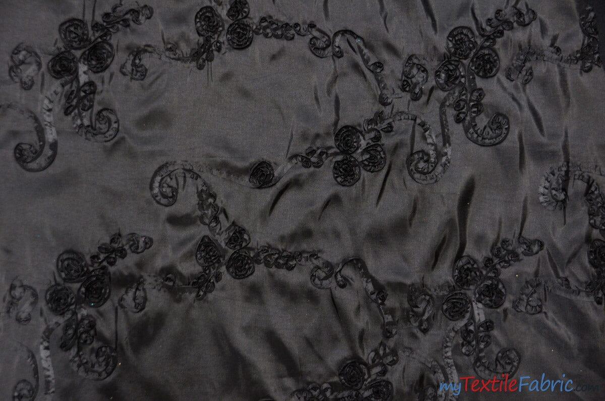 Ribbon Taffeta Polyester Fabric - Embroidered Ribbon Cord, Multiple Colors, 54" Width (1 Yard)