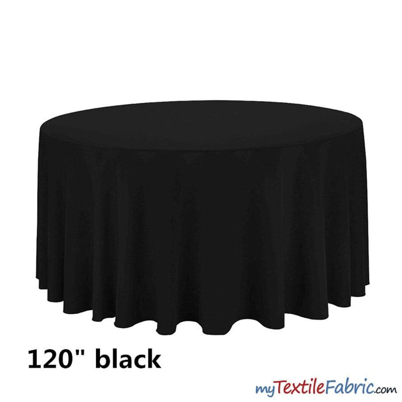 120" Round Polyester Seamless Tablecloth - Polyester Fabric, Seamless, Black, White, Ivory (By Piece)