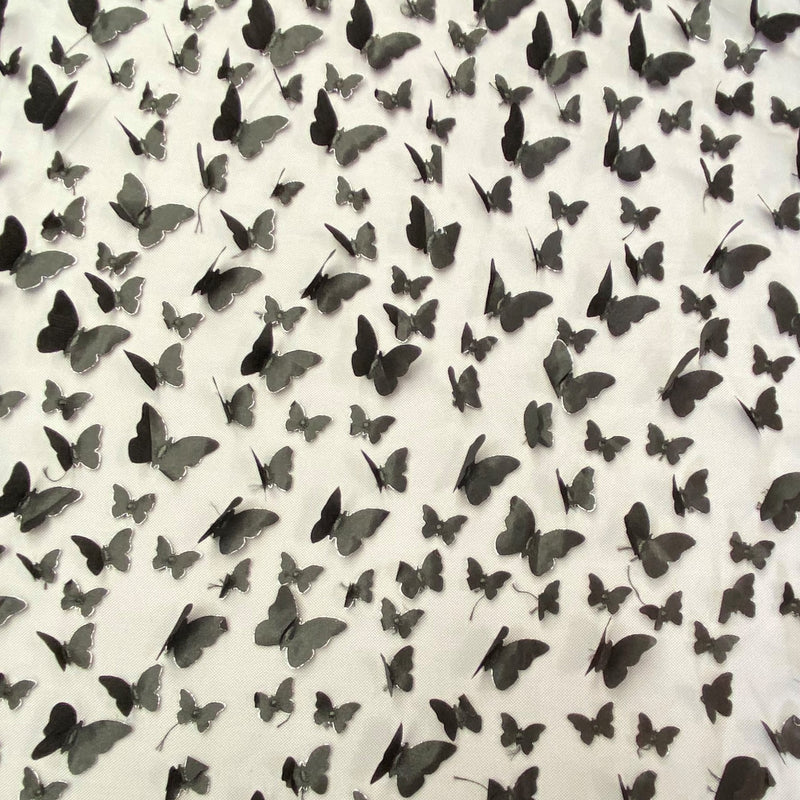 1 Yard Black 3D Butterfly Mesh Fabric with Satin Appliqué on Stretch Sheer Base 54 Inch Wide