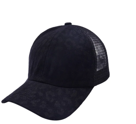 Criss-Cross Cap - Leopard Black Fabric - Leopard Black, Criss-Cross Ponytail Slot, Adjustable Strap (1 Cap)