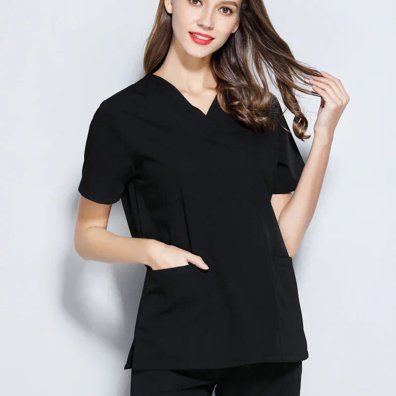 Scrubs Cotton Blend Fabric - Black, V-Neck Top, 3 Pockets, Bottom With 2 Pockets, All Sizes (1 Set)