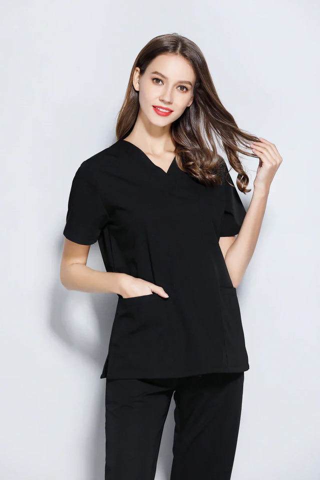 Scrubs Cotton Blend Fabric - Black, V-Neck Top, 3 Pockets, Bottom With 2 Pockets, All Sizes (1 Set)