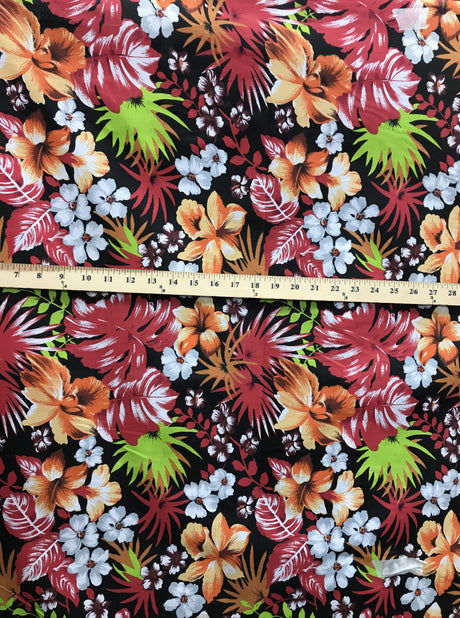 Hawaiian Black/Red Poly Cotton Fabric - Black/Red Floral Print, 59/60" Width (1 Yard)