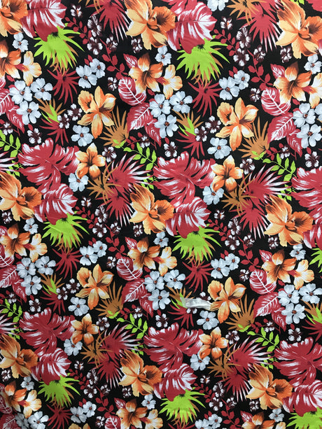Hawaiian Black/Red Poly Cotton Fabric - Black/Red Floral Print, 59/60" Width (1 Yard)