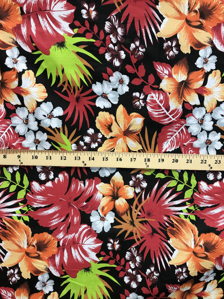 Hawaiian Black/Red Poly Cotton Fabric - Black/Red Floral Print, 59/60" Width (1 Yard)
