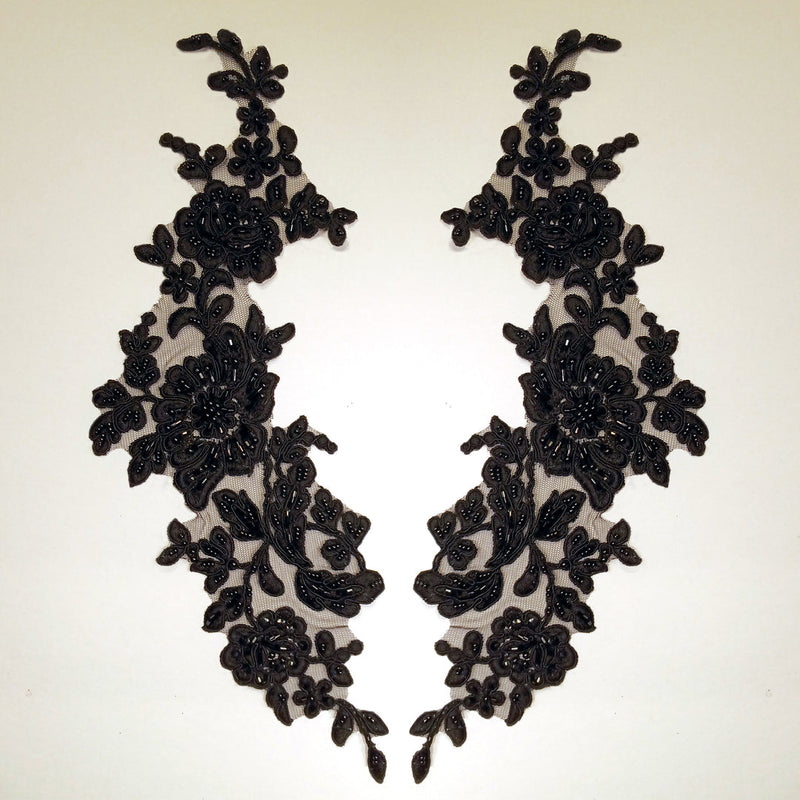 1 Pair 13" x 3" Beaded & Corded Floral Lace Applique on 100% Polyester Net Mesh