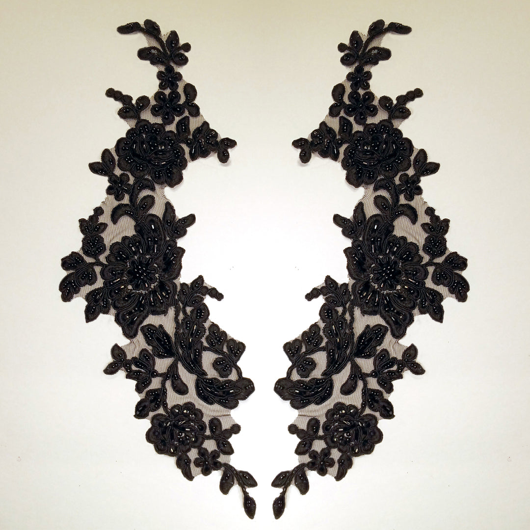 1 Pair 13" x 3" Beaded & Corded Floral Lace Applique on 100% Polyester Net Mesh
