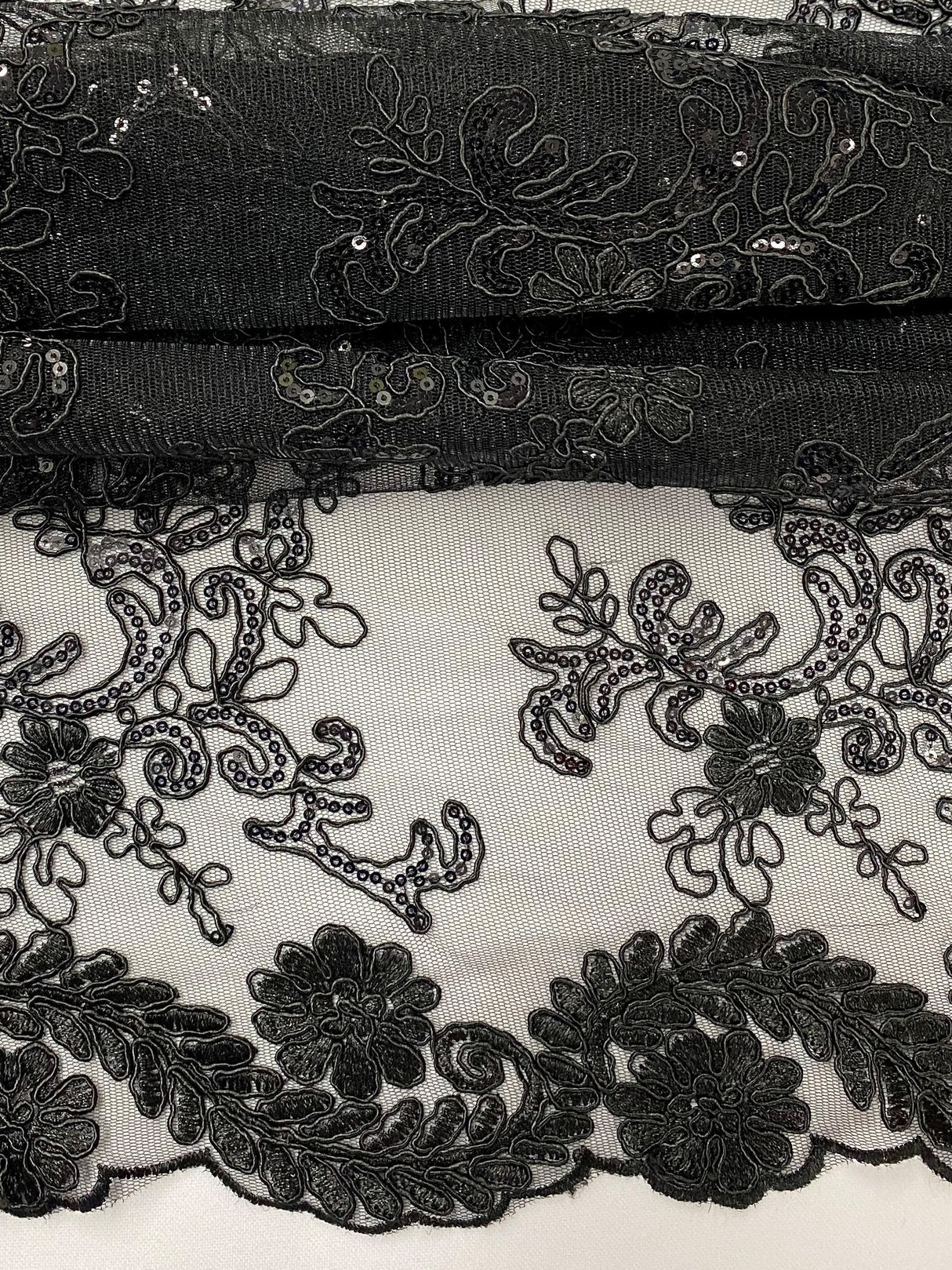 Elena's Lace Black Polyester Lace Fabric - Black Corded Mesh Embroidered With Sequins, Double Scalloped Edge, 54" Width (1 Yard)