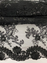 Elena's Lace Black Polyester Lace Fabric - Black Corded Mesh Embroidered With Sequins, Double Scalloped Edge, 54" Width (1 Yard)