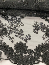 Elena's Lace Black Polyester Lace Fabric - Black Corded Mesh Embroidered With Sequins, Double Scalloped Edge, 54" Width (1 Yard)