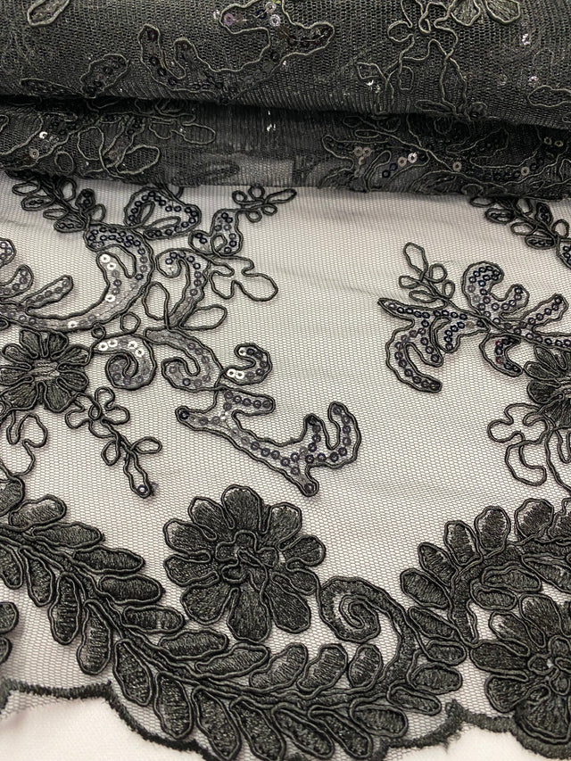 Elena's Lace Black Polyester Lace Fabric - Black Corded Mesh Embroidered With Sequins, Double Scalloped Edge, 54" Width (1 Yard)