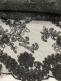 Elena's Lace Black Polyester Lace Fabric - Black Corded Mesh Embroidered With Sequins, Double Scalloped Edge, 54" Width (1 Yard)