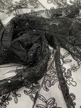 Elena's Lace Black Polyester Lace Fabric - Black Corded Mesh Embroidered With Sequins, Double Scalloped Edge, 54" Width (1 Yard)