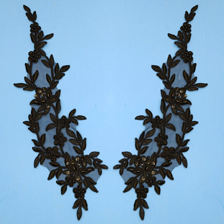 Beaded Corded Floral Lace Applique Embroidered On 100 Percent Polyester Organza Fabric - Floral Applique, 13" X 4" Each Side (1 Pair)