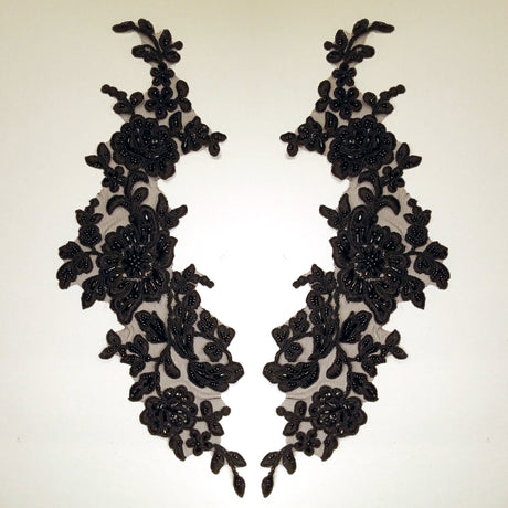 Beaded Corded Floral Lace Applique Polyester Fabric - Embroidered Net Mesh, 13" X 3", Black, Gold, Ivory, Silver, White, Ivory With Rose Gold Cording, White With Rose Gold Cording (1 Pair)