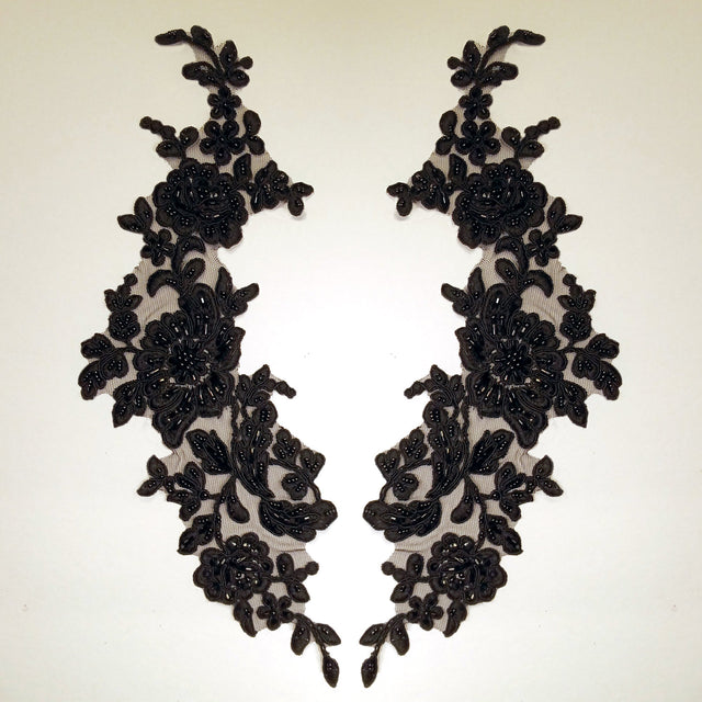 Beaded Corded Floral Lace Applique Polyester Fabric - Embroidered Net Mesh, 13" X 3", Black, Gold, Ivory, Silver, White, Ivory With Rose Gold Cording, White With Rose Gold Cording (1 Pair)