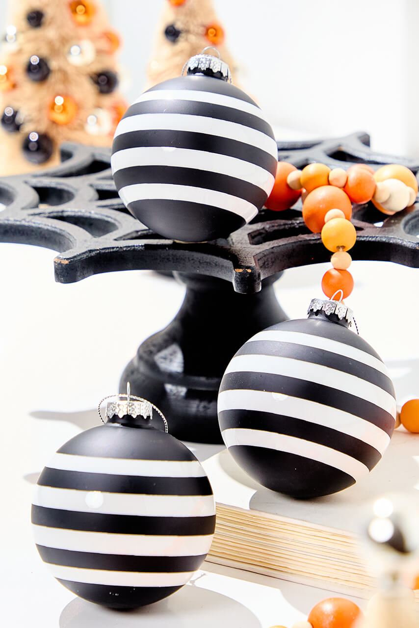 3" Glass Black & White Stripe Halloween Ball Ornament Box - Set of 3
