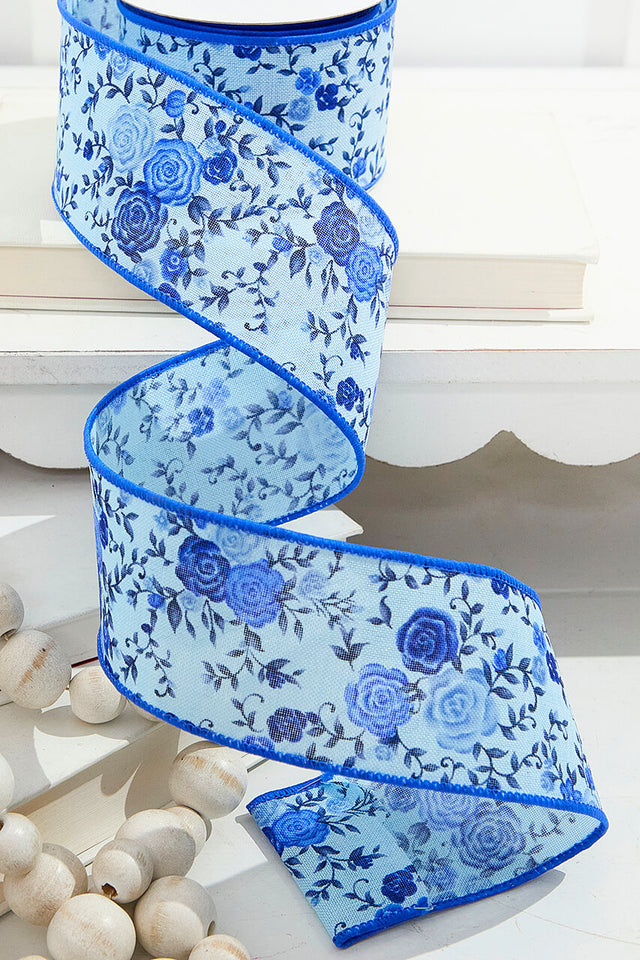 2.5” x 10 Yard Blue Spring Floral Ribbon