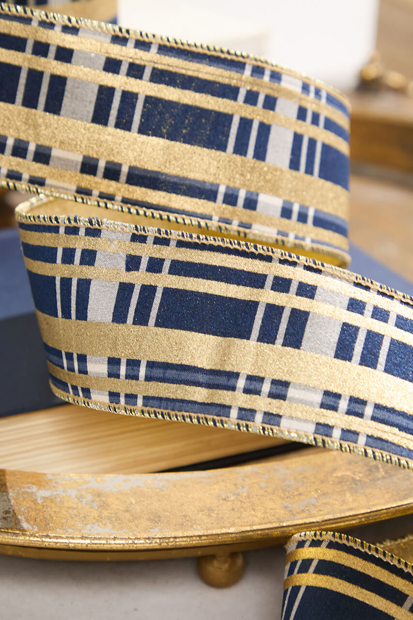 2.5" x 10 Yard Gold and Blue Plaid Ribbon