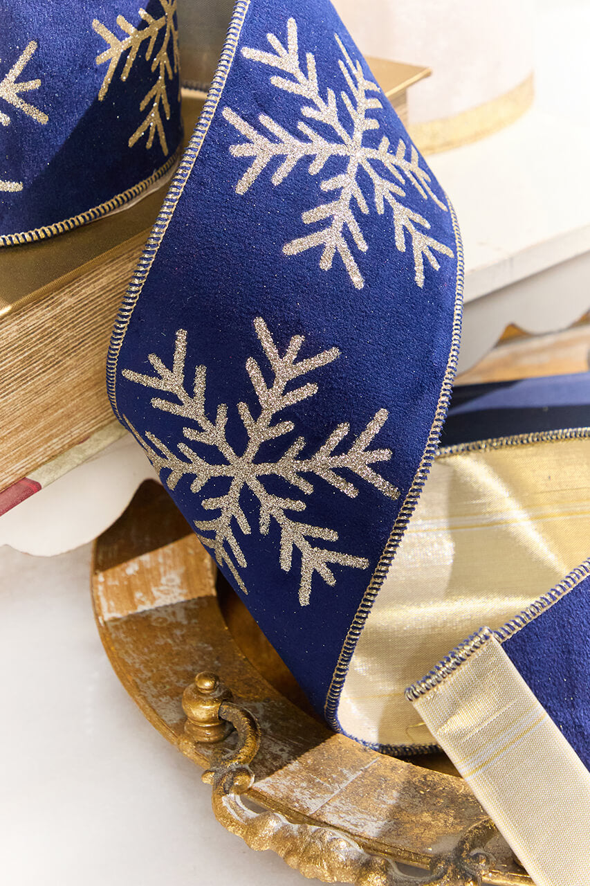 4" x 10 Yard Navy Velvet with Gold Snowflake Ribbon