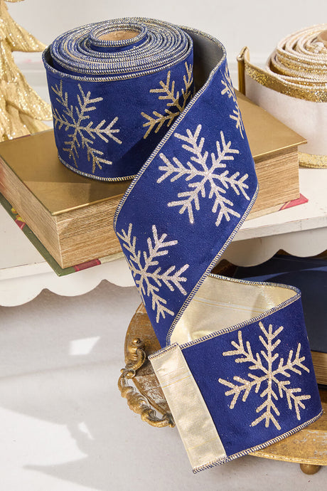 4" x 10 Yard Navy Velvet with Gold Snowflake Ribbon