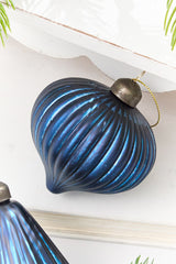 3.5" Blue Ribbed Glass Ornament