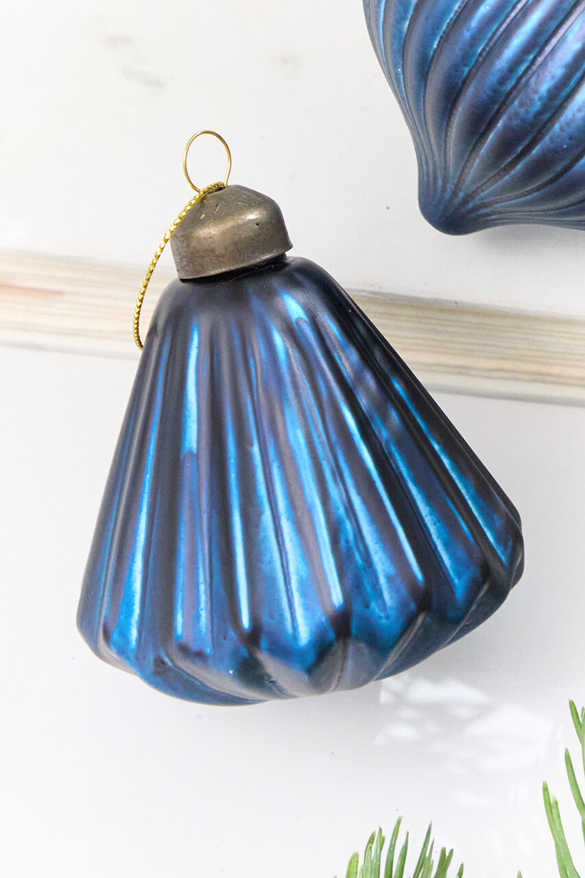 3.5" Blue Ribbed Glass Ornament