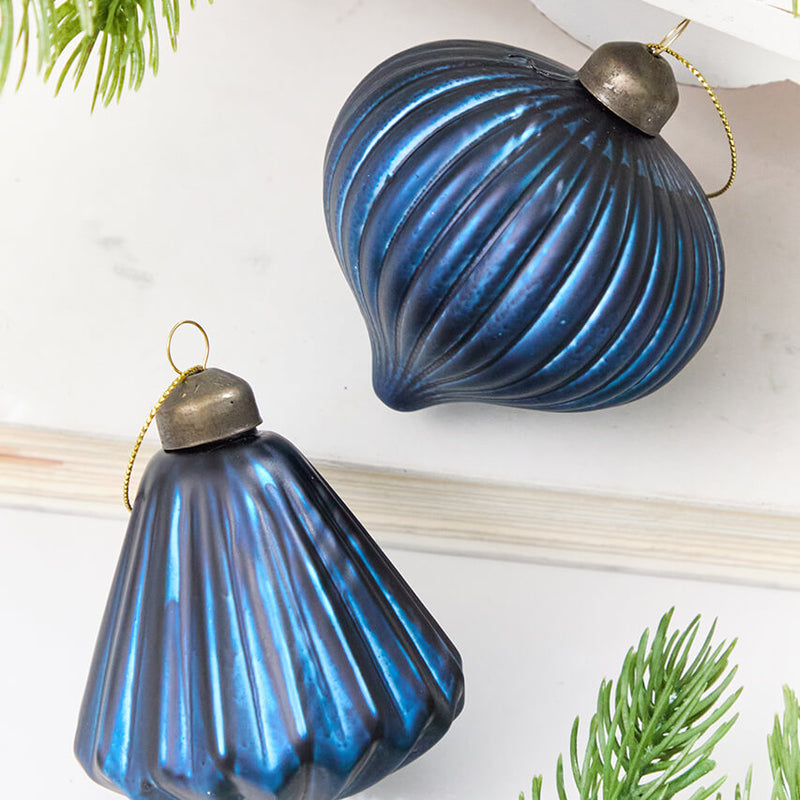 3.5" Blue Ribbed Glass Ornament