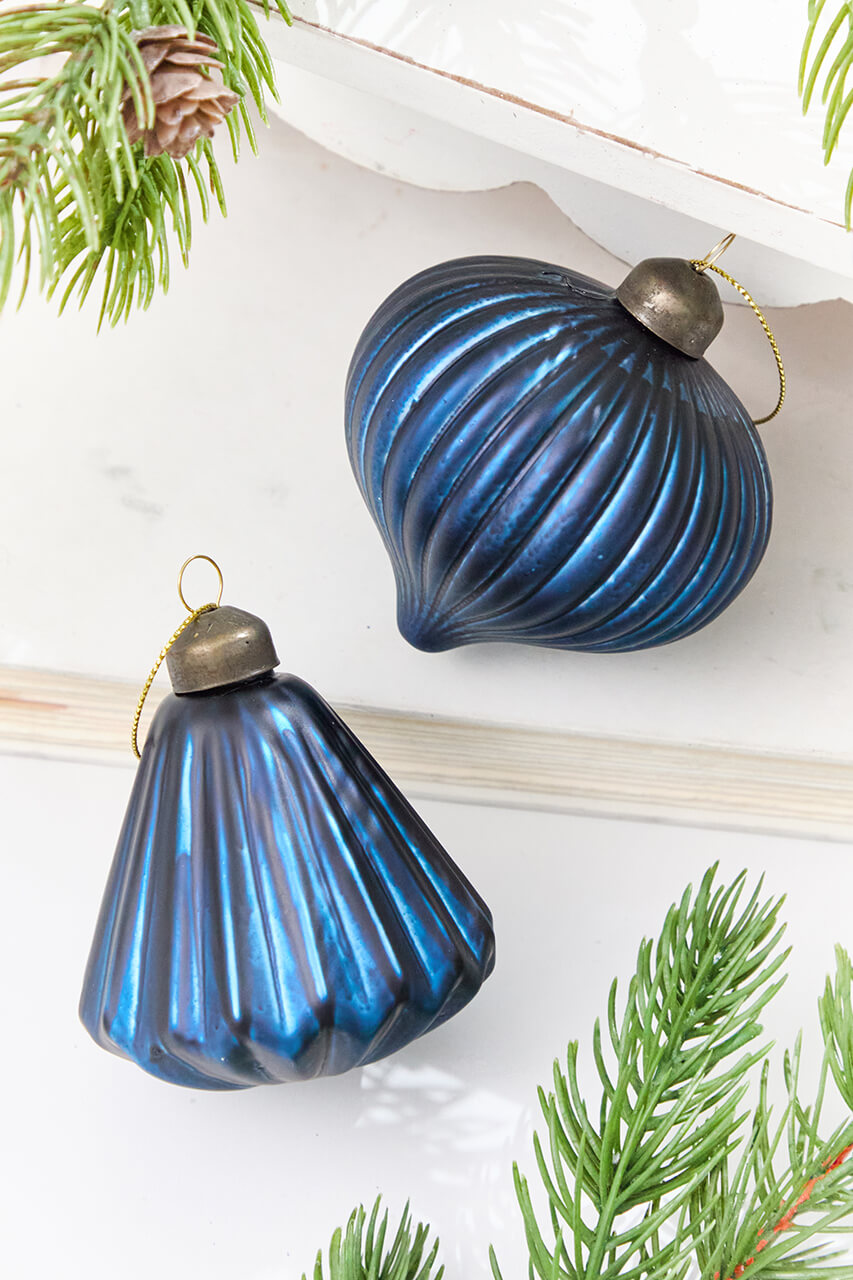 3.5" Blue Ribbed Glass Ornament