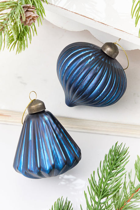 3.5" Blue Ribbed Glass Ornament