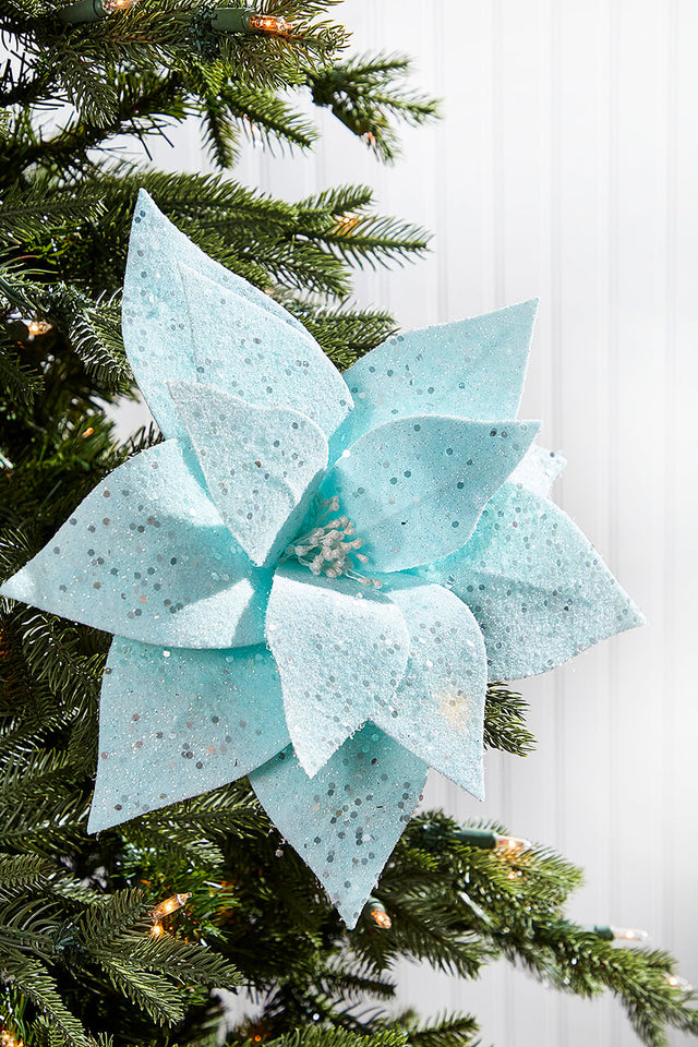 22" Teal with Sparkles Frosted Poinsettia Stem