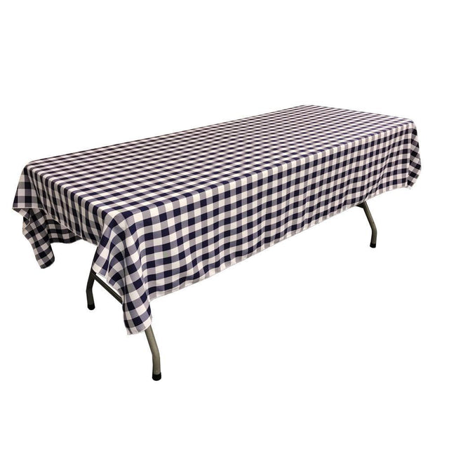 White Navy Blue Gingham Checkered Polyester Rectangular Tablecloth 90″ x 156″