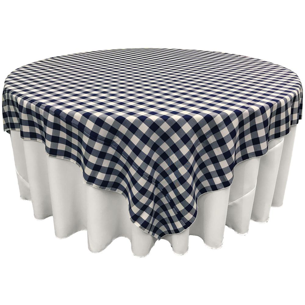 White Navy Blue Checkered Square Overlay Tablecloth Polyester 72″ x 72″