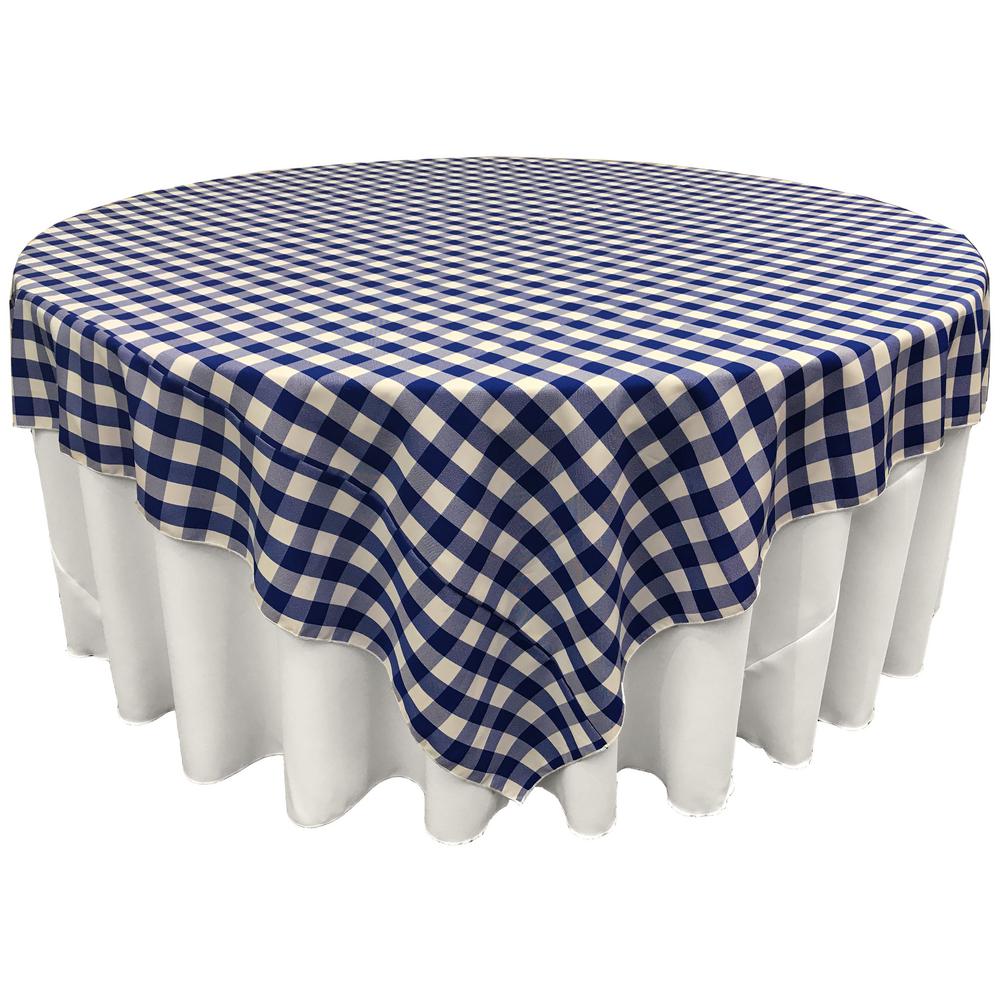 White Royal Blue Checkered Square Overlay Tablecloth Polyester 72″ x 72″