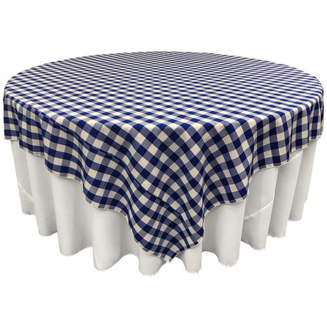 White Royal Blue Checkered Square Overlay Tablecloth Polyester 85″ x 85″