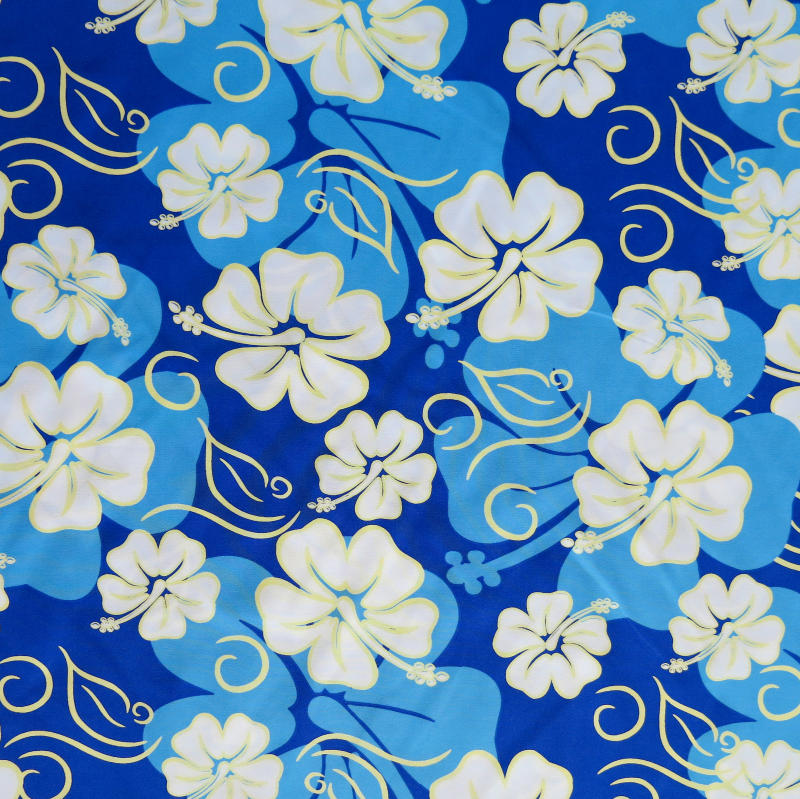 Microfiber Boardshort Fabric Blue White Yellow Hibiscus Floral on Royal