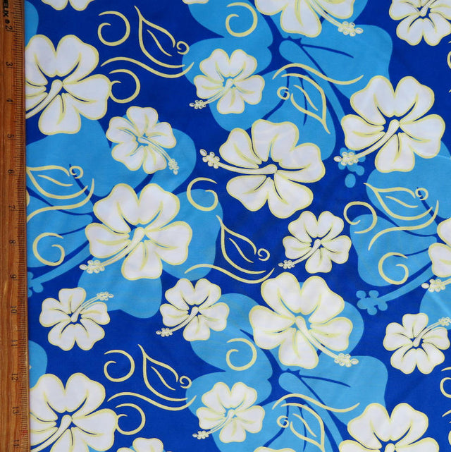 Microfiber Boardshort Fabric Blue White Yellow Hibiscus Floral on Royal