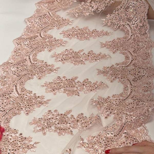 VT-14 Sequin Lace Fabric - Embroidered Mesh, Scalloped Edge, 20.08" Width