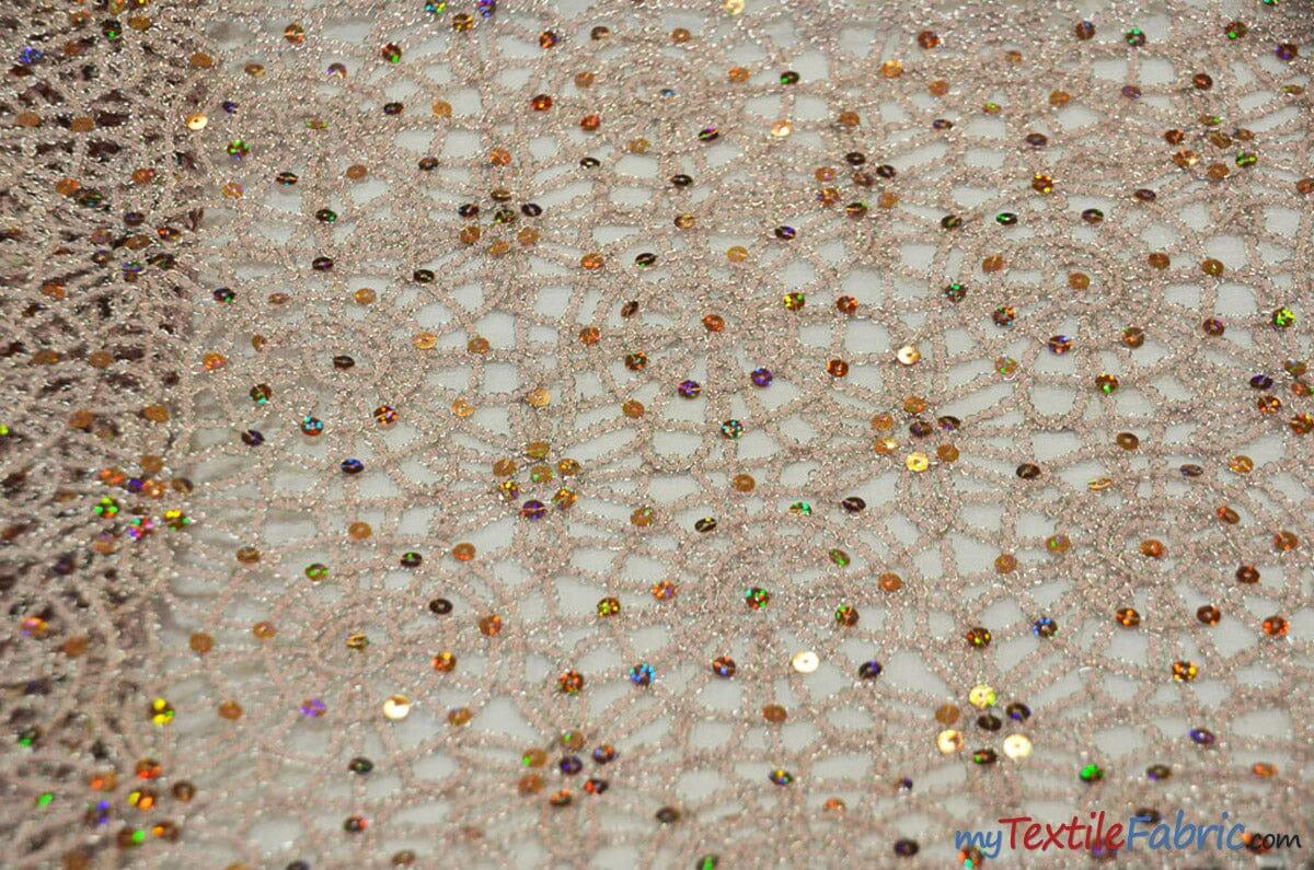 Open Weave Chain Chemical Lace Polyester Fabric - Sheer Metallic Open Work, Sequins Embellished, 50" Width, 10 Colors (1 Yard)