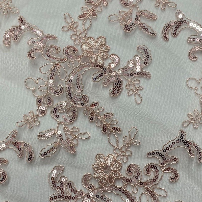 Elena's Lace Polyester Fabric - Blush Pink Corded Mesh Embroidered With Sequins, Double Scalloped Edge, 54" Width (1 Yard)
