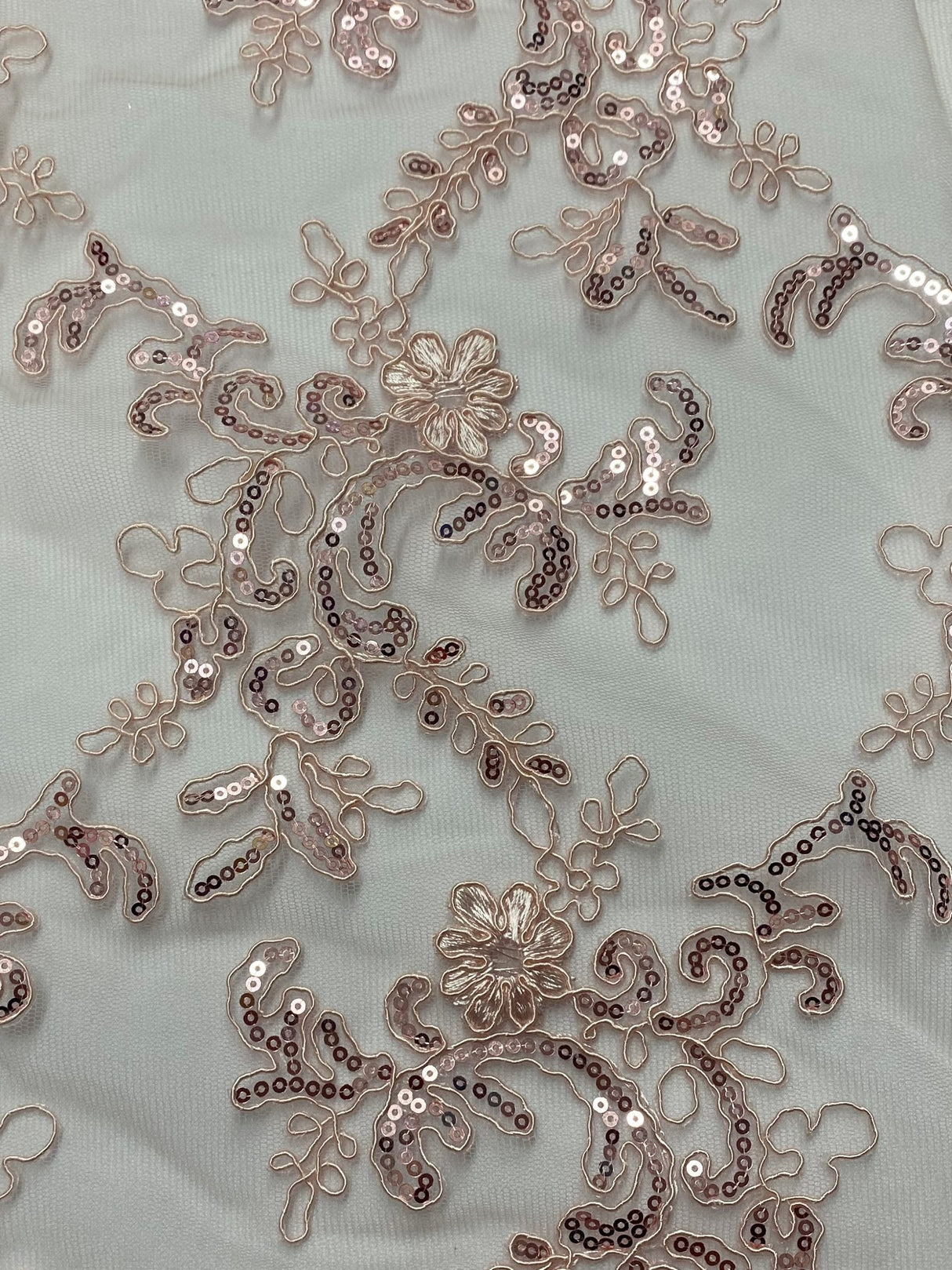 Elena's Lace Polyester Fabric - Blush Pink Corded Mesh Embroidered With Sequins, Double Scalloped Edge, 54" Width (1 Yard)