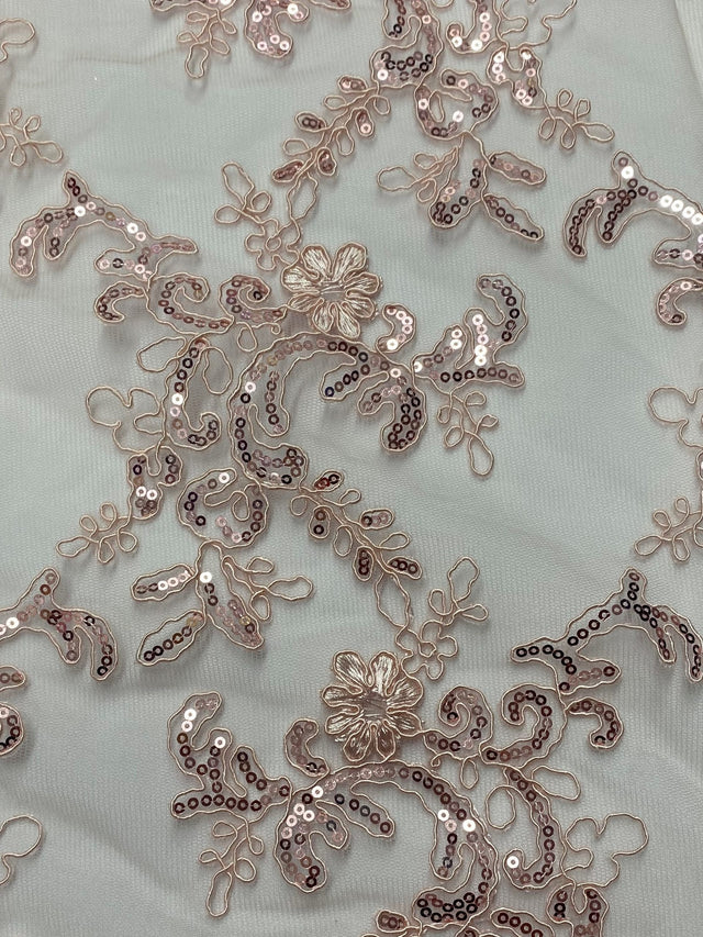 Elena's Lace Polyester Fabric - Blush Pink Corded Mesh Embroidered With Sequins, Double Scalloped Edge, 54" Width (1 Yard)