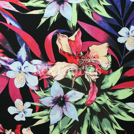 Botanical Garden Nylon Spandex Fabric - Black, White, Midnight Blue, Floral Print, 58/60" Width (1 Yard)