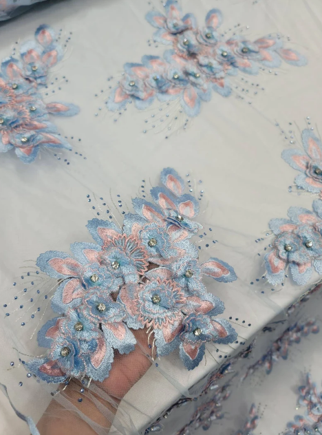 3D Beaded Floral Lace Sky Blue