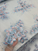 3D Beaded Floral Lace Sky Blue