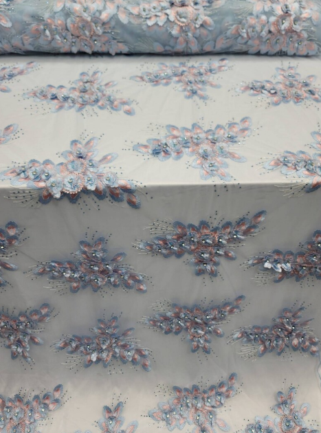3D Beaded Floral Lace Sky Blue