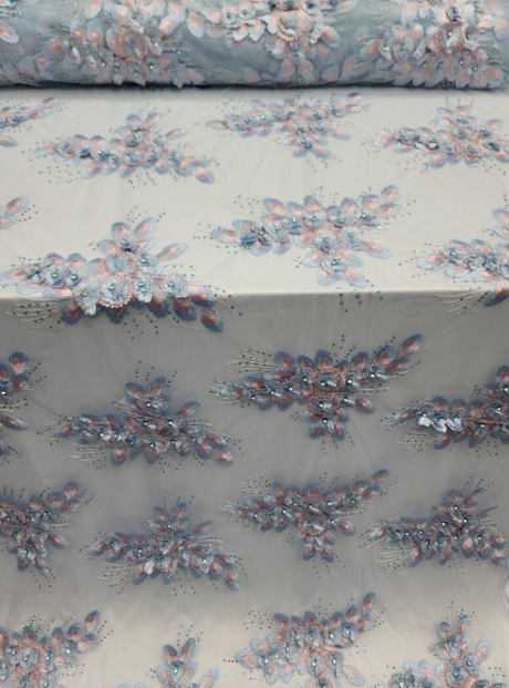 3D Beaded Floral Lace Sky Blue