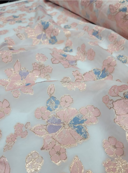 Brocade Floral Organza Fabric Lavender Blue