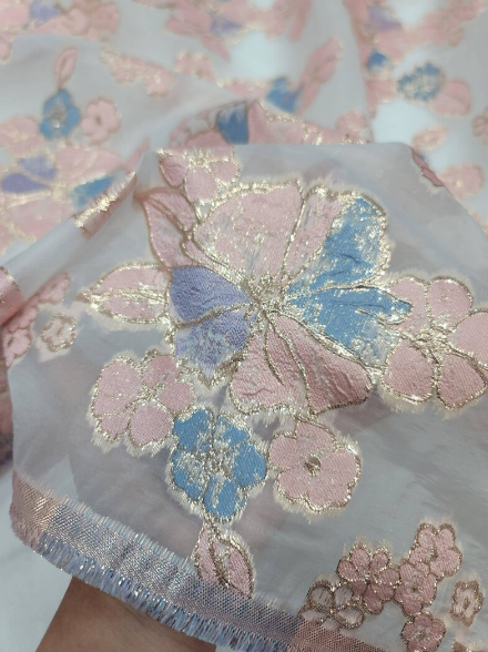 Brocade Floral Organza Fabric Lavender Blue