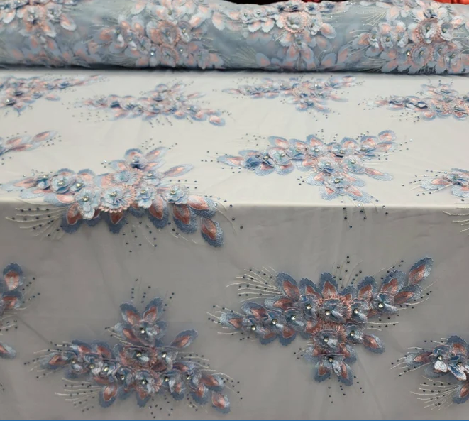 3D Beaded Floral Lace Sky Blue